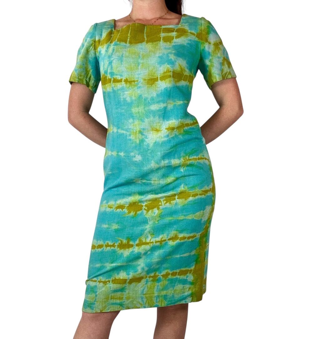Hand Dyed Vintage 1960s Teal & Lime Wiggle Dress Knee Length Shibori